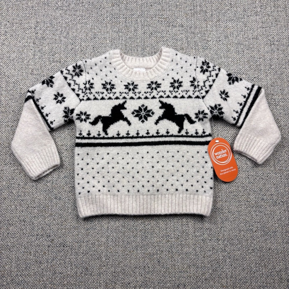 Wonder Nation Toddler Girls Holiday Unicorn Fair Isle Sweater Ivory Knit NWT 2T